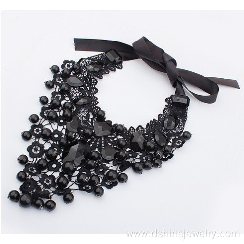 Black Lace Choker With Crystal Imitation Pearl Necklace